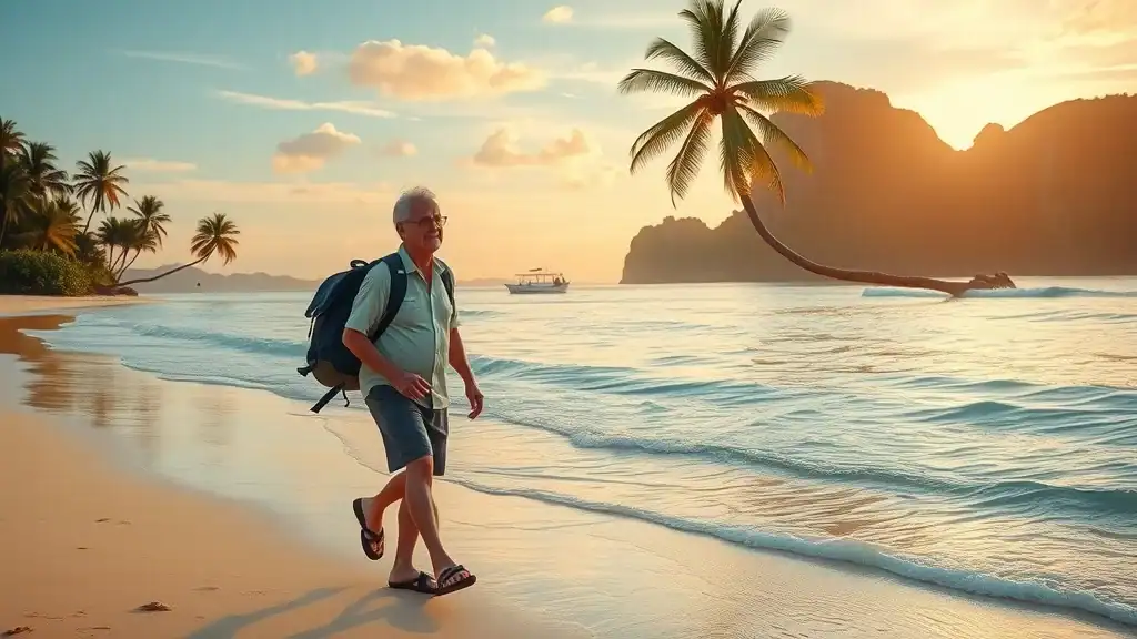 Tranquil mature solo backpacker walking along a secluded Southeast Asian beach at sunrise, palm trees, turquoise water, distant limestone cliffs, golden pastel sunrise light.