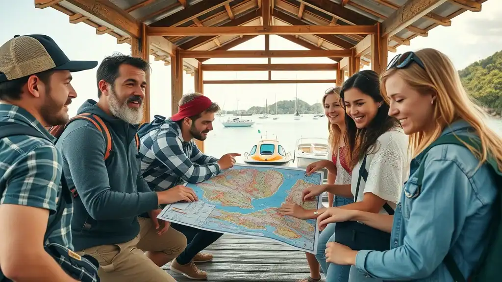 Adventurous day trip planning for Malaysia island hopping, with friends pointing at a colorful map on a dock, boats nearby, and distant islands seen under soft morning light.