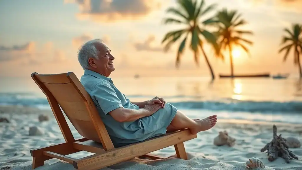 Serene beach sunrise in Southeast Asia, retiree enjoying the peaceful atmosphere and budget travel southeast asia