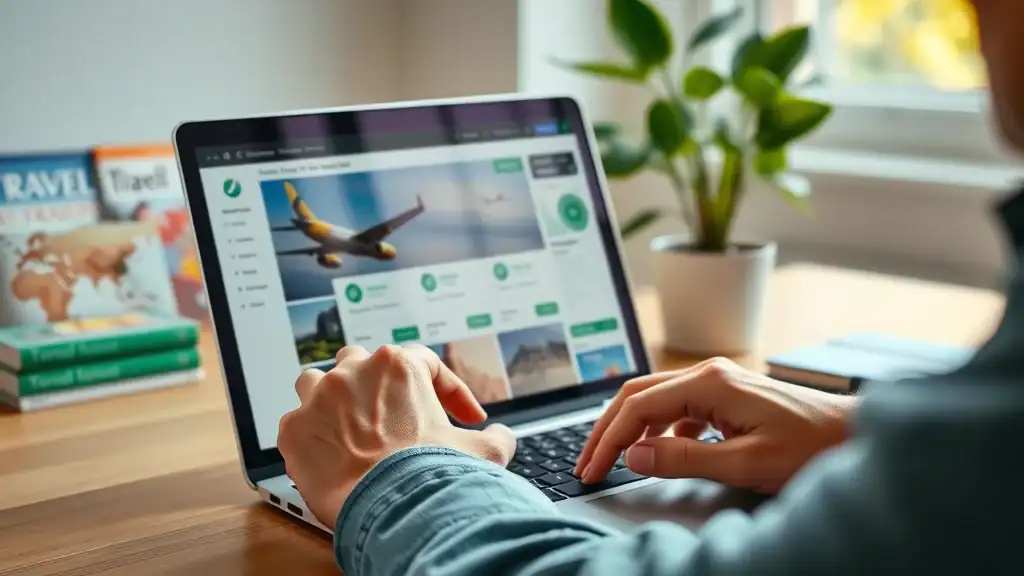 Older traveler (50+) comparing flight deals on an aggregator website with travel guides and plants in the background, emphasizing the online booking experience for cheap flights Southeast Asia.