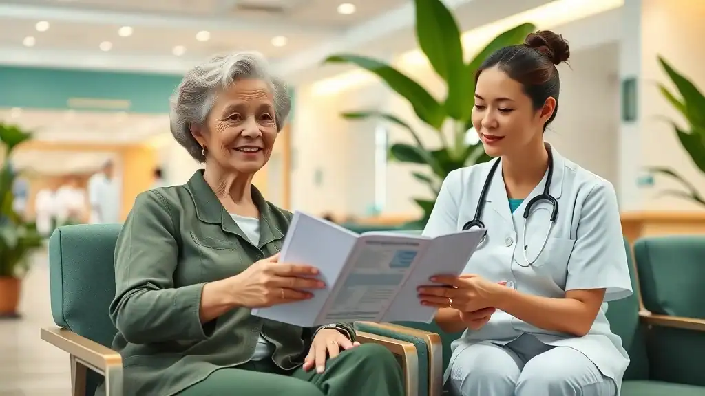 Friendly older woman traveler with healthcare worker in a modern Southeast Asian clinic, vaccination booklet, tropical plants, bright modern decor, gentle green and cream tones.