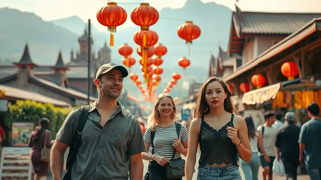 Picturesque Chiang Mai cityscape with travelers exploring a vibrant local market—thailand on a budget