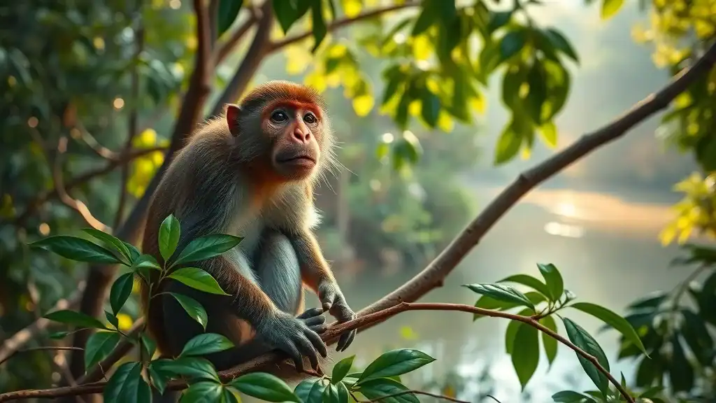 Curious proboscis monkey perched in Borneo jungle, a must-see wildlife highlight on Malaysia tours