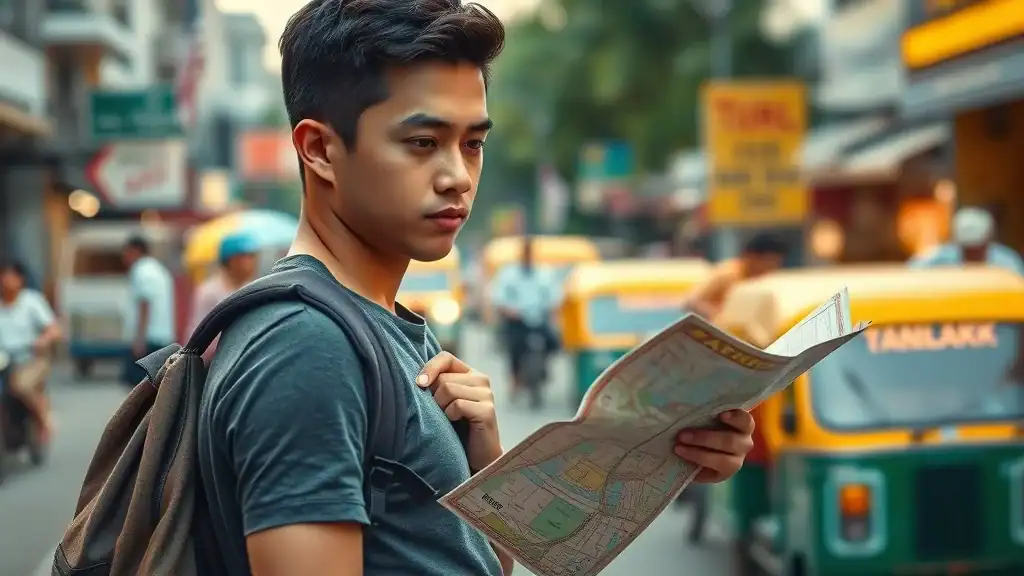 traveler deciding where to stay in bangkok city street