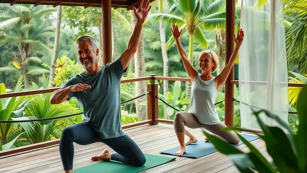 Mature couple enjoying active but relaxed yoga retreat for budget travel southeast asia