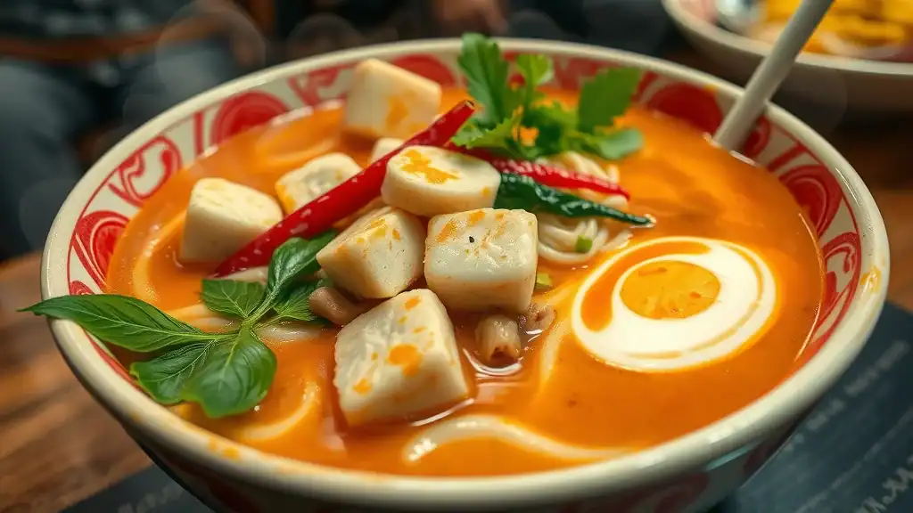 Steaming bowl of Curry Mee, Malaysia noodle soup with coconut milk, tofu, and chili oil