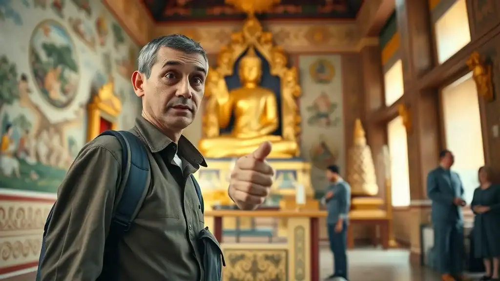 Foreign traveler accidentally pointing foot near a Buddha statue, an important thing to avoid in Thailand cultural etiquette