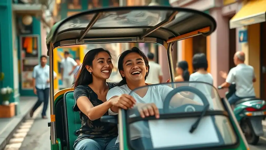 Playful tuk-tuk ride in historic Thai alley—iconic experience of Thailand transportation options