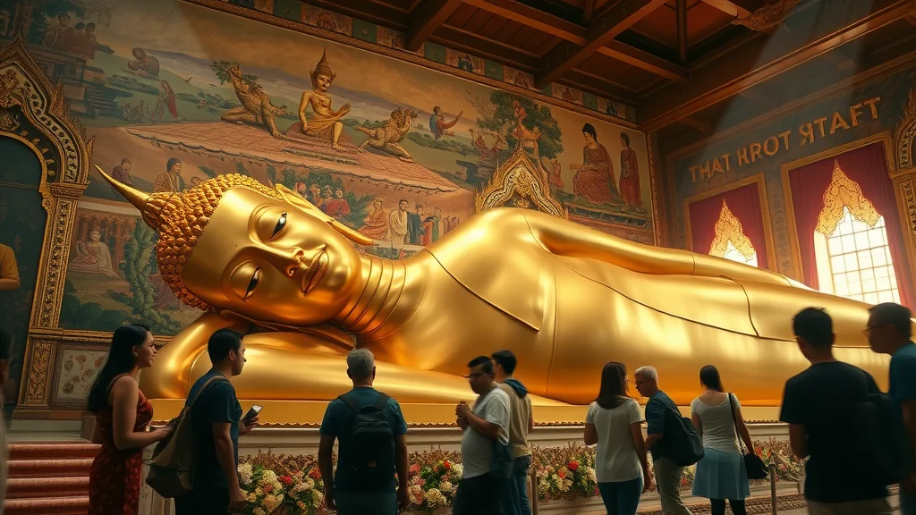 Reclining Buddha at Wat Pho with visitors in tranquil awe, detailed murals and sunlight in the temple — bangkok temples reclining buddha