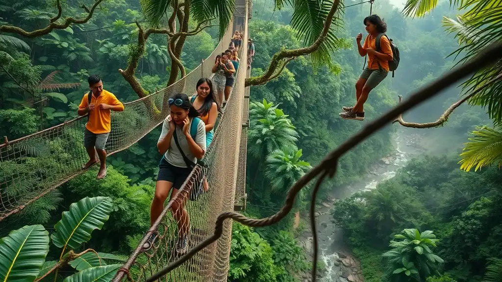 Vivid rainforest of Taman Negara, travelers on high suspended canopy walk above dense foliage and misty river with diverse wildlife and lush greens.