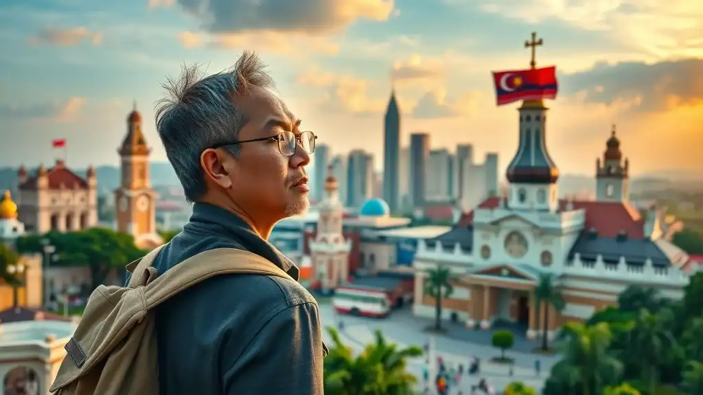 Vivid panoramic view of Malaysia cultural sites and heritage landmarks—George Town colonial buildings, Melaka church, Batu Caves, photorealistic blend of cityscapes and greenery, with expressive local traveler under golden hour lighting