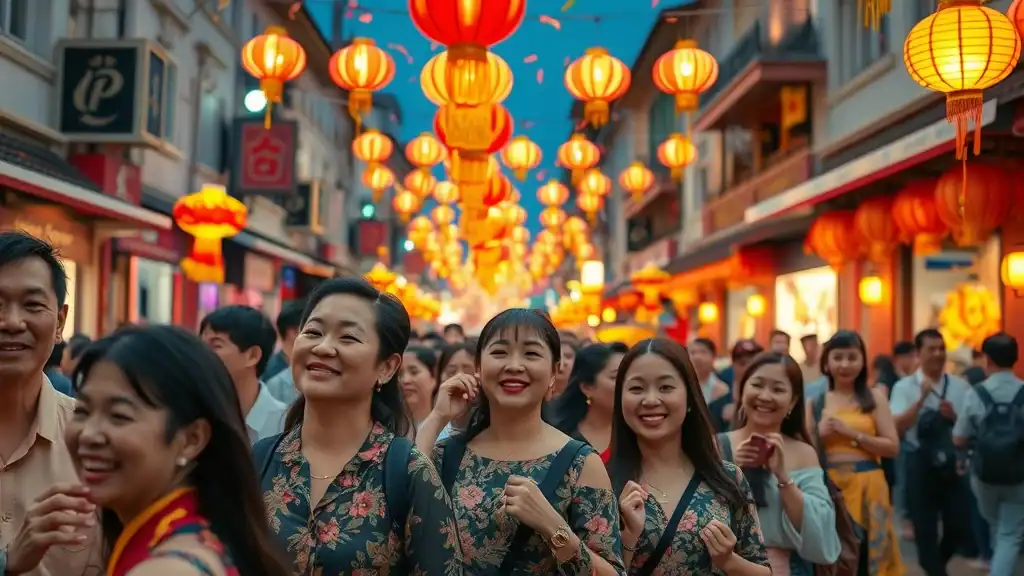 Festive Thai street during high season with locals and tourists watching colorful parade, representing peak season in Thailand