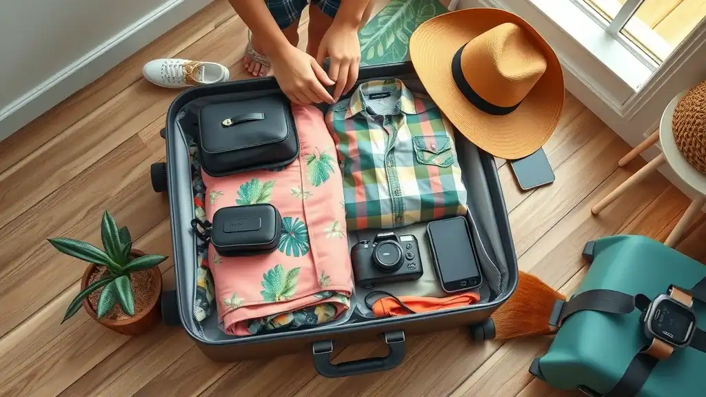 Well-packed suitcase with tropical clothing, travel gadgets, and camera for Thailand. Packing and thailand travel tips.