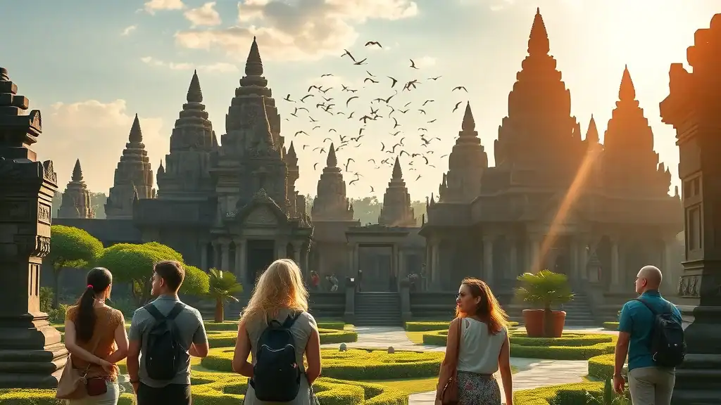 Prambanan Temple complex with ancient carved stones and admiring travelers – prambanan temple indonesia travel places