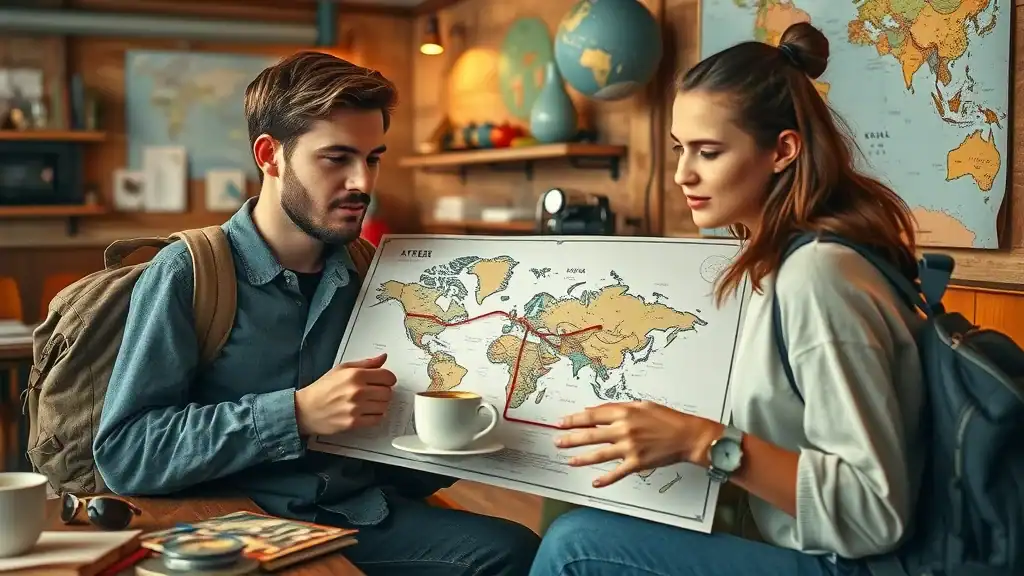 Backpackers planning a budget travel route in a cozy hostel lounge with travel maps—budget travel Thailand