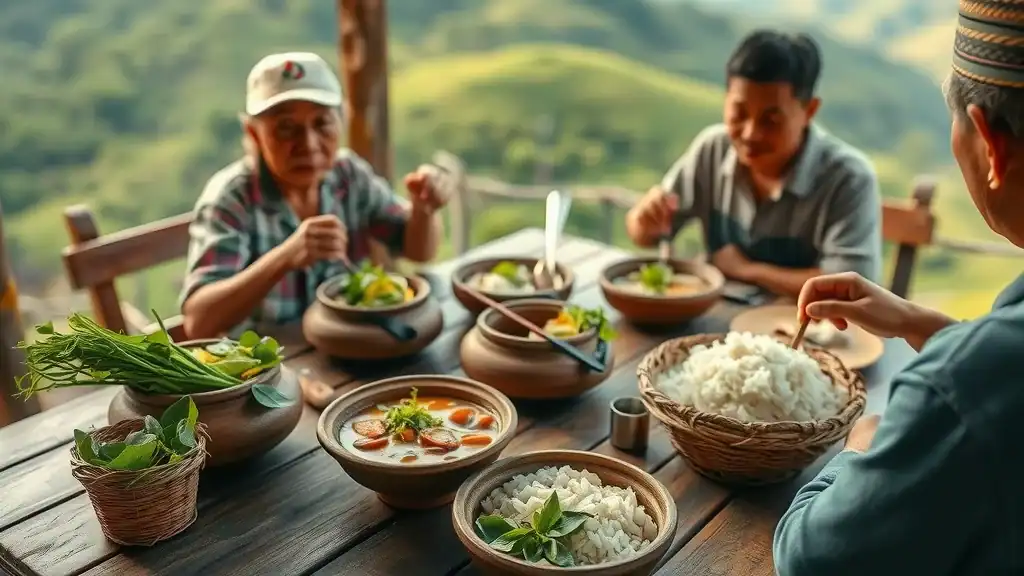 Rustic Northern Thai meal, residents enjoying khao soi and sticky rice, lush Chiang Mai hills background - northern thai cuisine