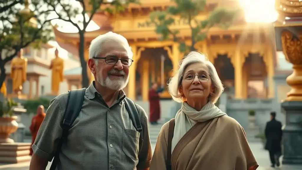 Thailand travel planning: Older travelers exploring glowing temple in the morning; peaceful and safe cultural experience