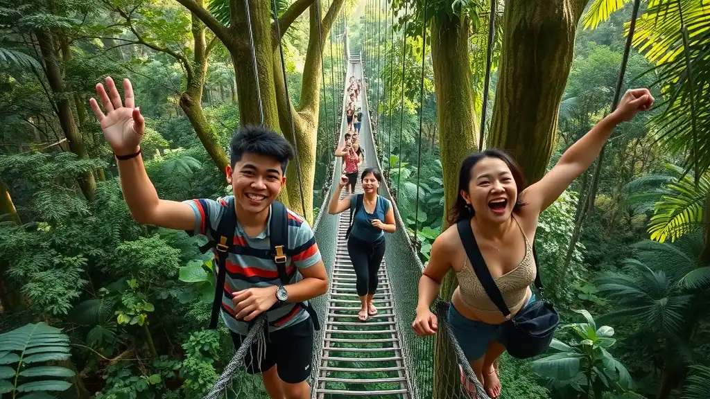 Immersive Taman Negara rainforest—travelers on a canopy walk high above ancient trees, intricate detail on tree bark, wildlife, sunlight filtering through lush foliage