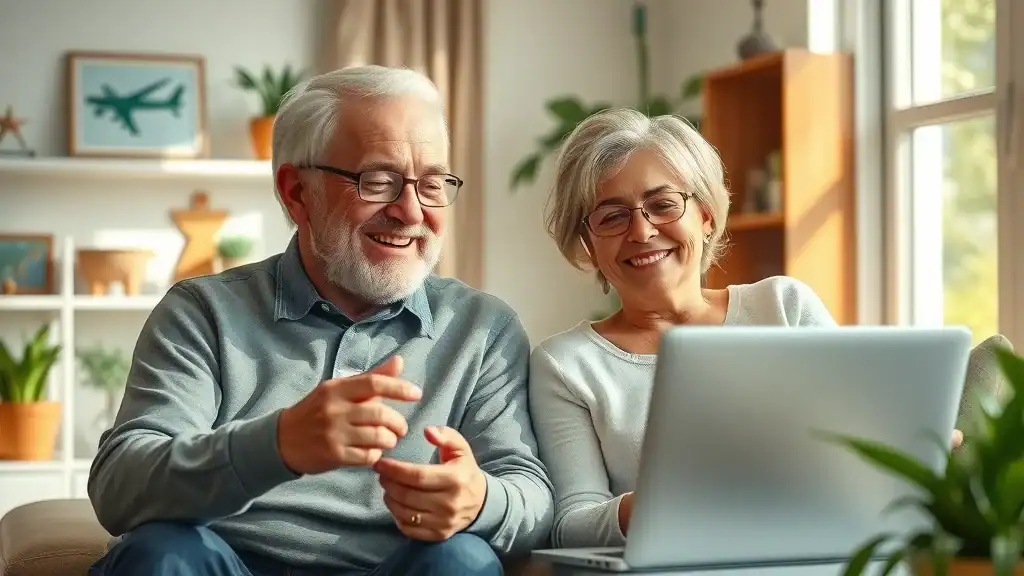 Retired couple in their 60s joyfully booking cheap flights Southeast Asia at home, surrounded by travel souvenirs and natural sunlight.