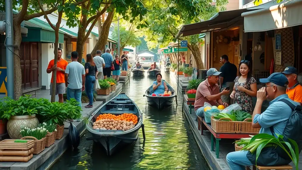 Charming local floating market at Taling Chan with relaxed shoppers chatting and vendors serving fresh produce from boats along a shaded narrow canal.