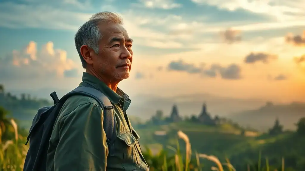 Mature traveler enjoying a panoramic sunrise view over Southeast Asian rice terraces, reflecting the serenity and fulfillment of cultural immersion