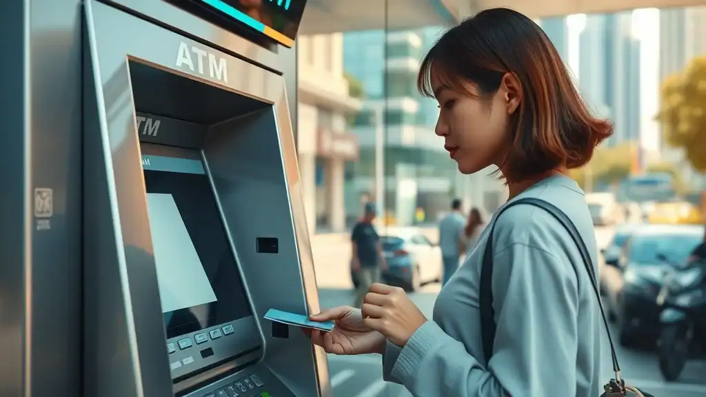 malaysia travel tips urban atm scene woman withdrawing cash at atm malaysian city blue metallic bank building