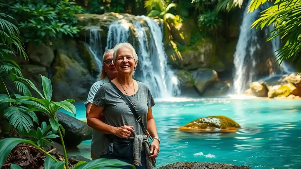 Adventurous mature couple exploring hidden waterfall in Bali, a perfect hidden gem for advanced-age travelers.
