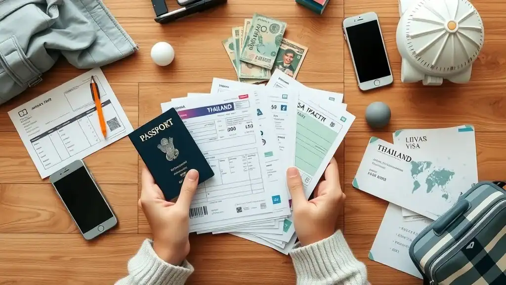 Flat lay of essential travel documents for Thailand, including organized passports, visa forms, airline tickets, local currency and a smartphone – must-have tips for Thailand travel preparation.