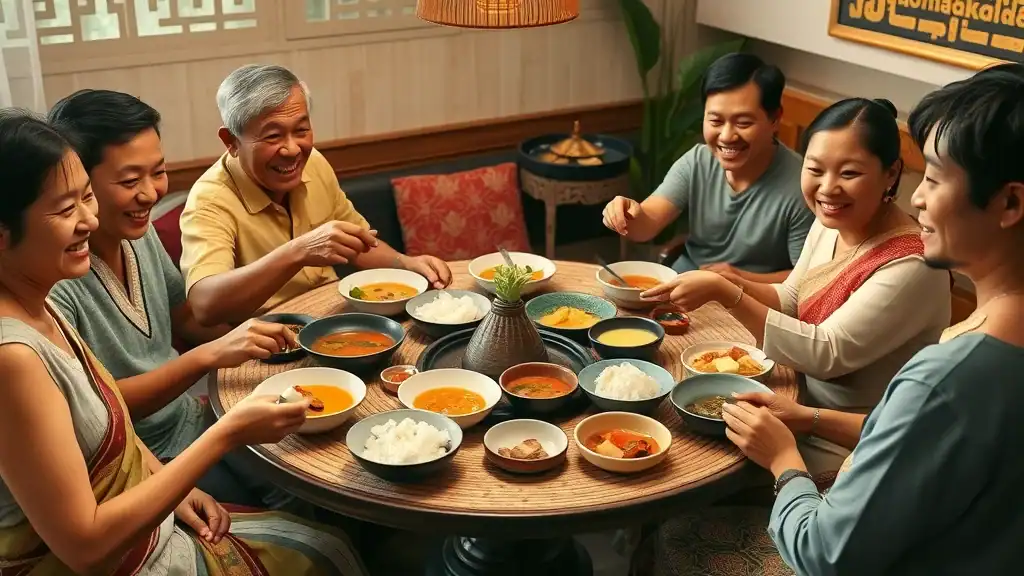 Traditional Thai family meal with shared dishes, showing local eating tradition from a thailand local cuisine guide