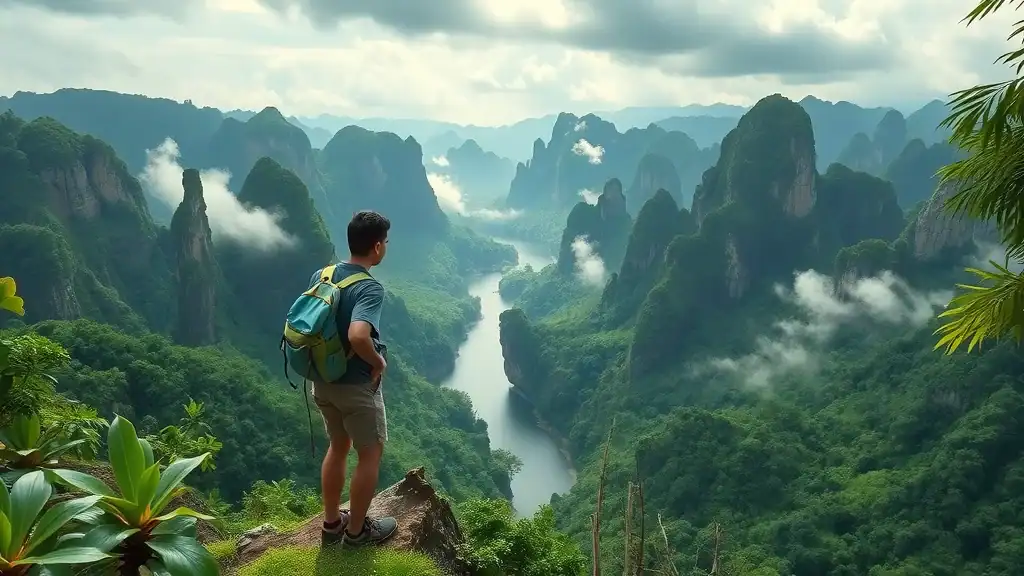 Majestic Thai national park landscape with hiker overlooking misty rainforest. National park and thailand travel tips for adventure.