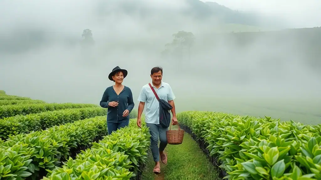 Misty Cameron Highlands tea plantation with local tea pickers and tourists among green tea rows, rolling hills, soft morning light, and natural serenity.