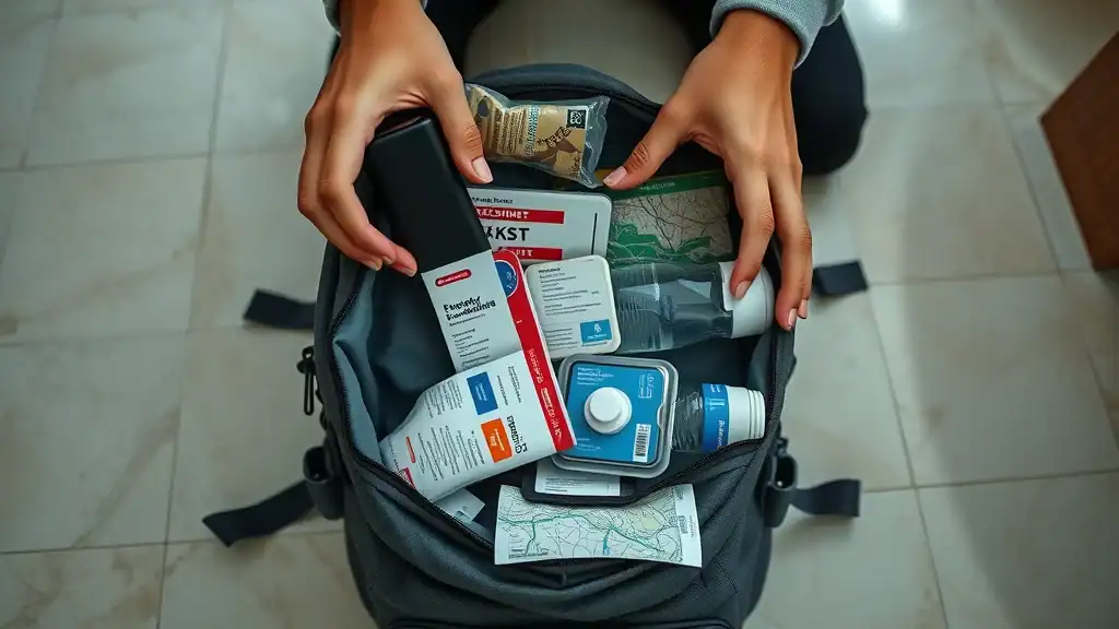 Travel emergency kit for Thailand: power bank, medicine kit, water bottle and map packed in a daypack – essential safety tips for Thailand travel in case of natural disaster or emergency.