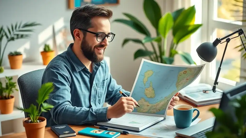 malaysia vacation planning vibrant travel planner at desk map notes home office tropical plants