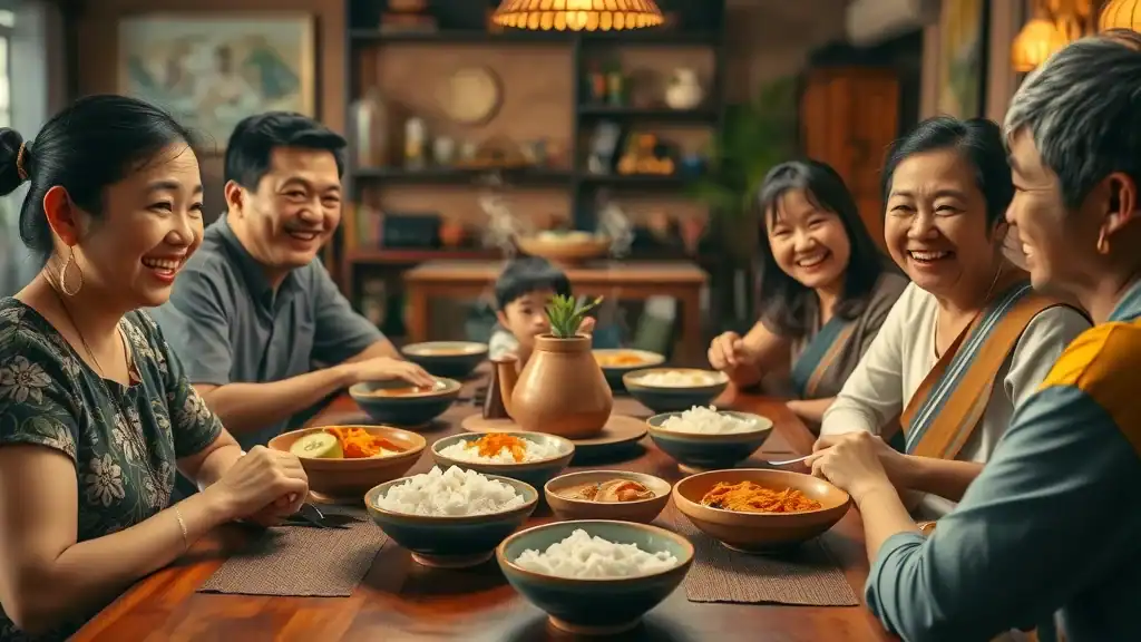 Nostalgic Thai family dining scene with traditional Thai dishes, warm ambiance, and laughter - thailand local cuisine