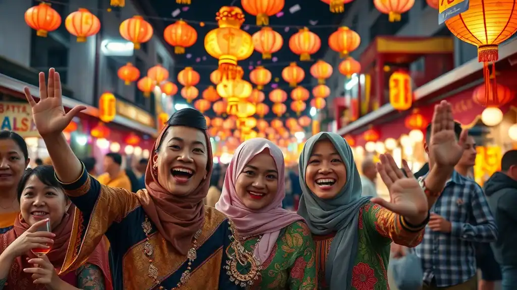 Malaysian multicultural festival—people celebrating Eid, Deepavali, and Chinese New Year together in a lively square with lanterns, costumes, and confetti under festive nighttime lighting
