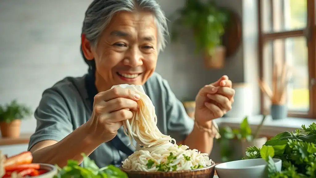 southeast asia local cuisine - Fresh rice noodles and Vietnamese summer rolls, mature traveler tasting and making a roll, photorealistic kitchen scene with fresh herbs and dipping bowls