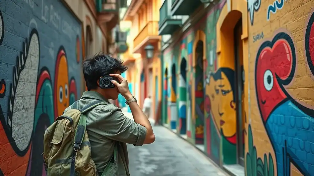 George Town Penang street art, traveler photographing vibrant murals—malaysia itinerary for 7 days