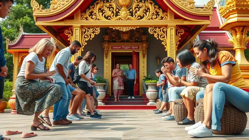 Group of travelers removing shoes outside a colorful Thai temple, practicing essential Thailand cultural etiquette
