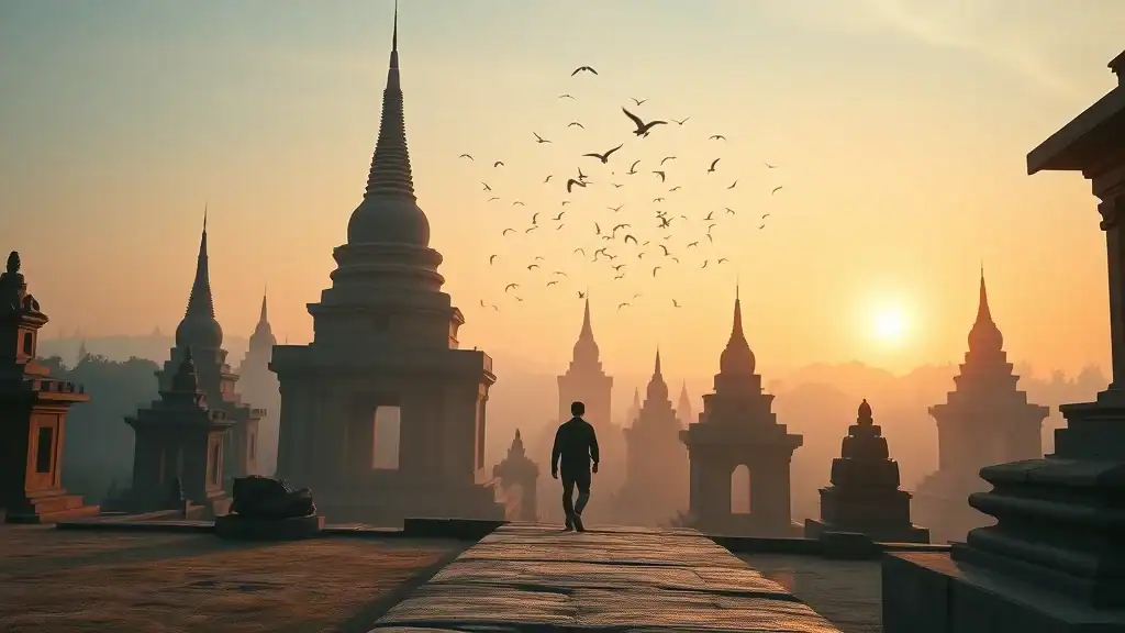 Off-peak travel in Southeast Asia - lone traveler walking among ancient pagodas under golden sunrise in Bagan, Myanmar