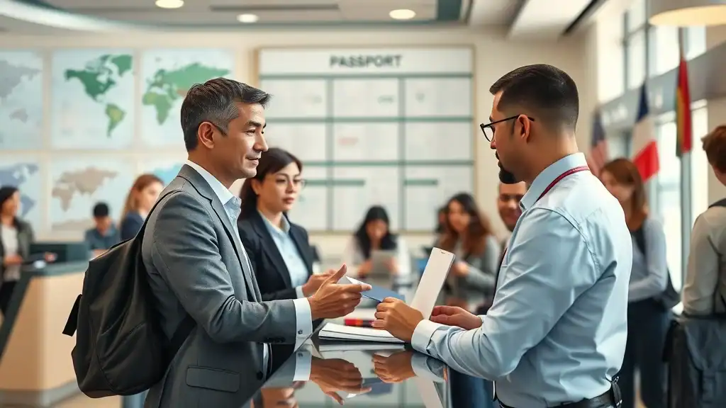 Professional consulate staff assisting a traveler at embassy in southeast asia, safety advice