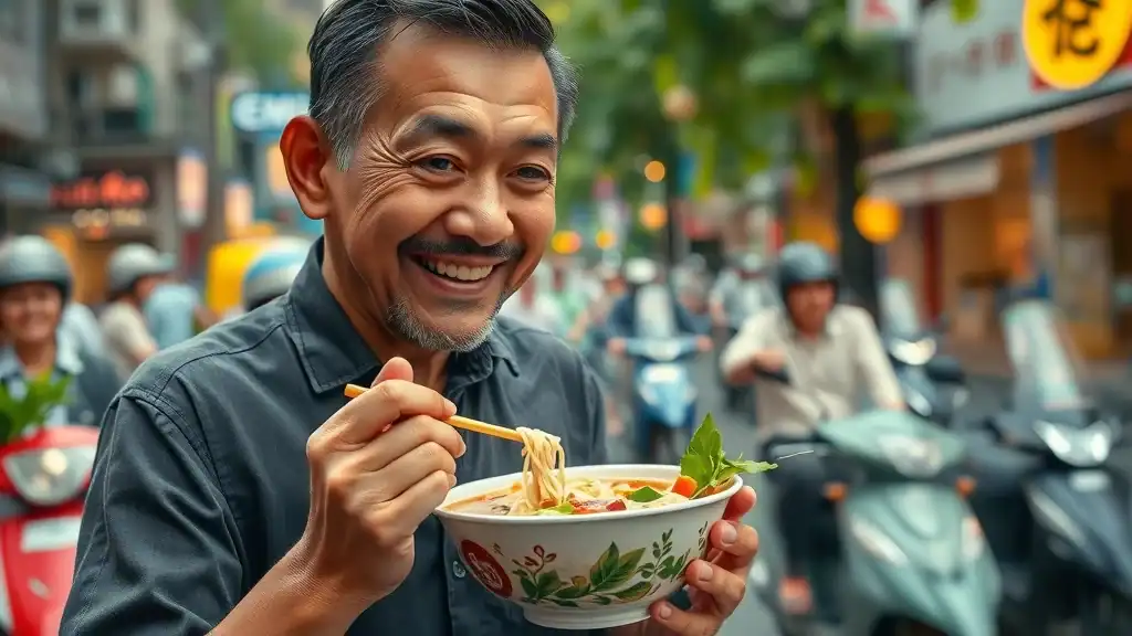 southeast asia local cuisine - Steamy authentic Pho noodles with fresh herbs, cheerful mature traveler savoring food in busy Hanoi street setting