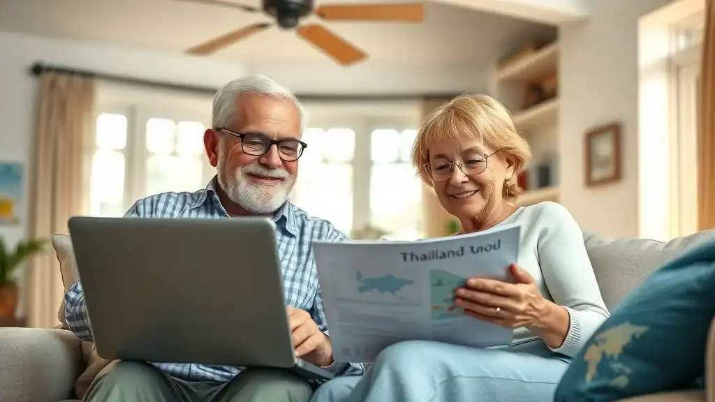 Thailand travel planning: Older couple booking flights and hotels online, optimizing travel budget and enjoying savings