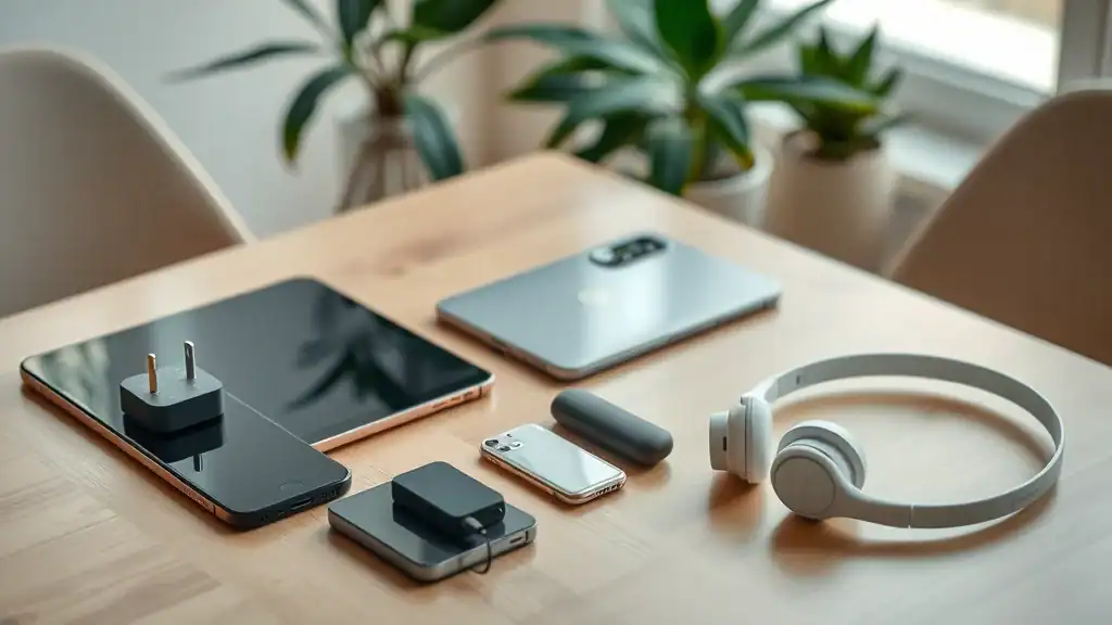 Thailand travel packing list electronics: universal adapter, portable charger, tablet, headphones on wooden desk with tropical plant background