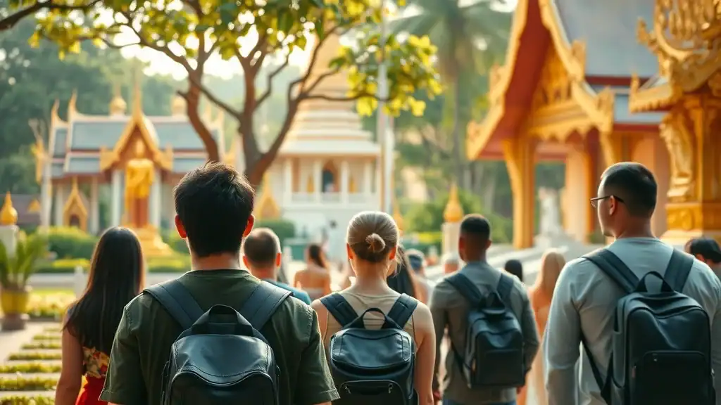 Scenic Thai temple with travelers admiring ornate architecture in a lush courtyard—budget travel Thailand