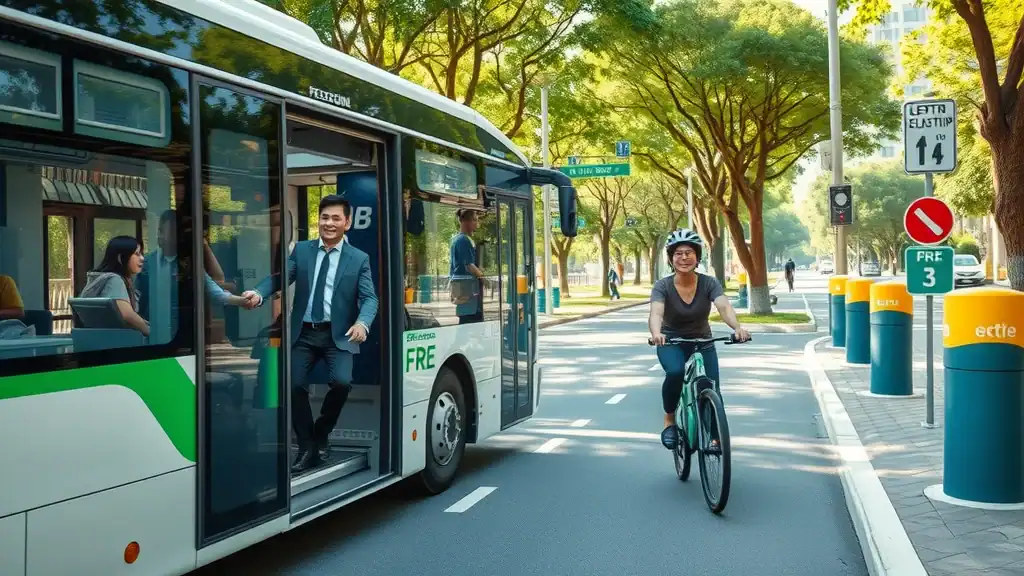 Eco-friendly Thailand transportation options—electric bus and cyclist on a green urban avenue