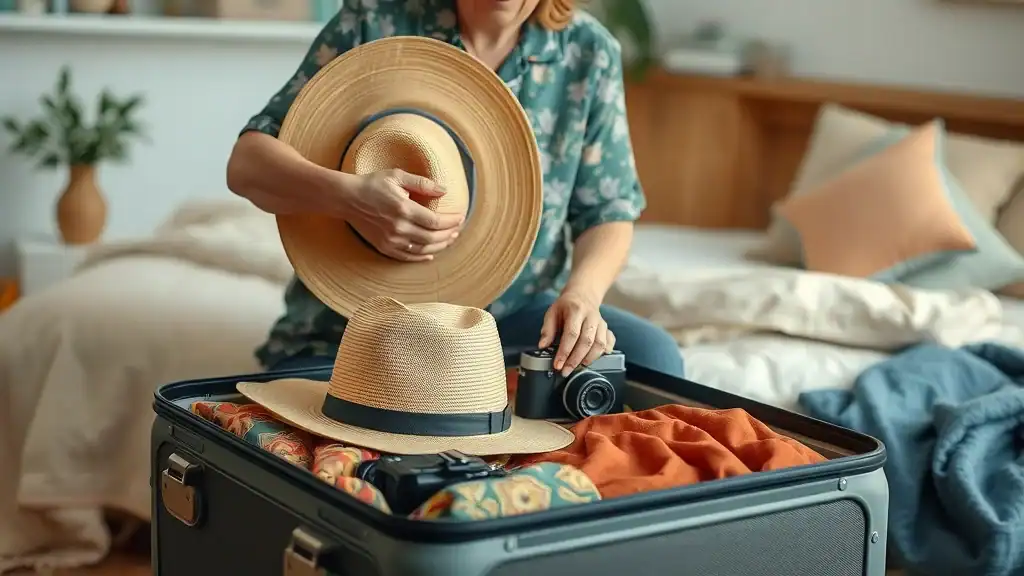 Older traveler packing essentials for a Southeast Asia cultural tour, representing preparation and adventure for mature travelers