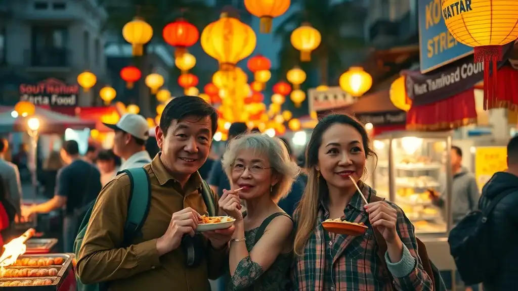 southeast asia local cuisine - Festive Southeast Asian street food festival, mature group of travelers sampling foods, lantern-lit market scene with music and vibrant stalls