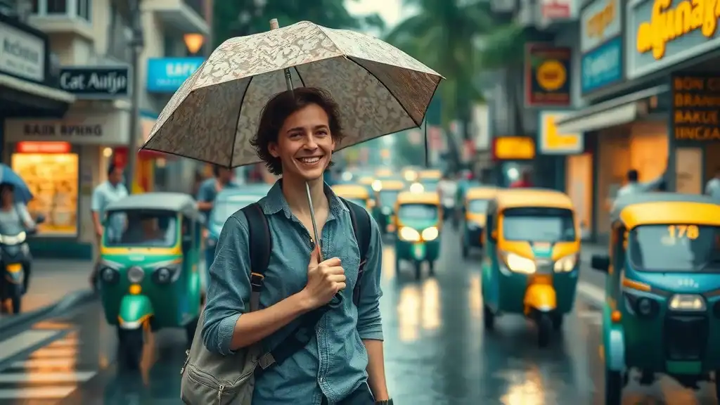 Thailand packing list for wet season: cheerful traveler with compact umbrella and quick-dry clothes walking on a rainy Bangkok street, colorful tuk-tuks and wet pavement