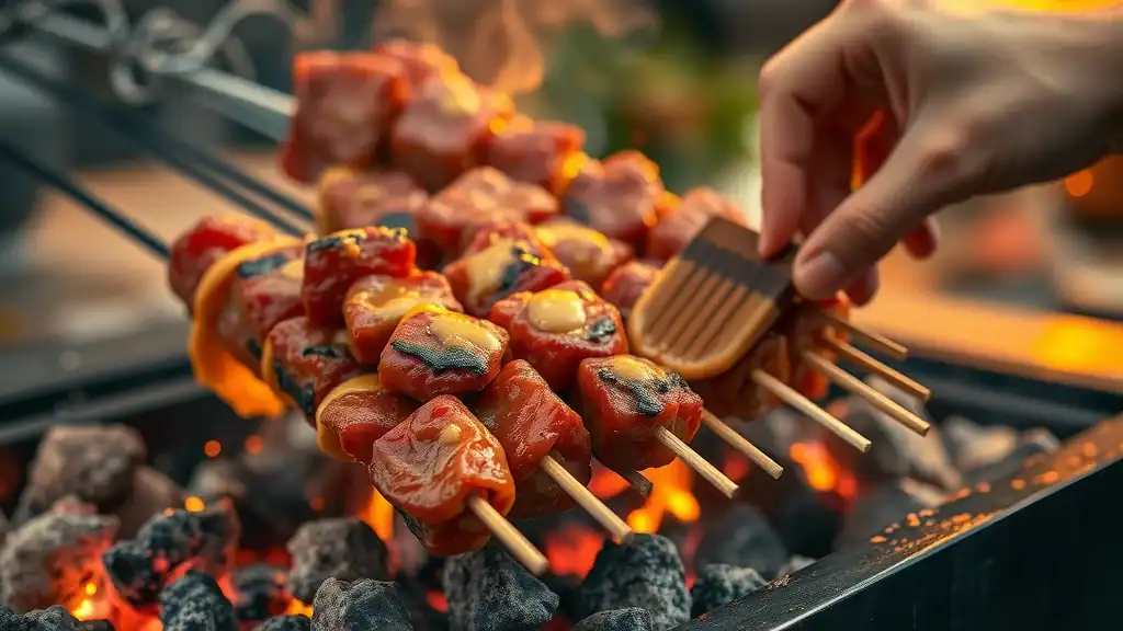 Malaysian satay skewers sizzling on charcoal grill, Malaysia food and cuisine traditional street food