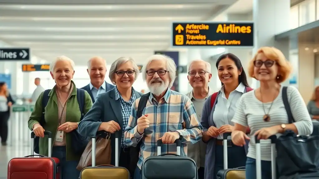 Welcoming group of senior travelers at airport, gathering around check-in counter with staff under bright natural light - southeast asia visa requirements